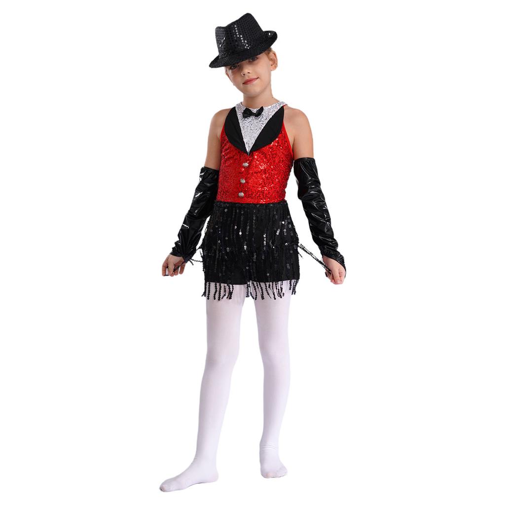 Латинский джазовый танцевальный купальник для девочек, без рукавов, с вырезом-замочной скважиной на спине, с пайетками, кисточками, металлическими перчатками и шапочкой