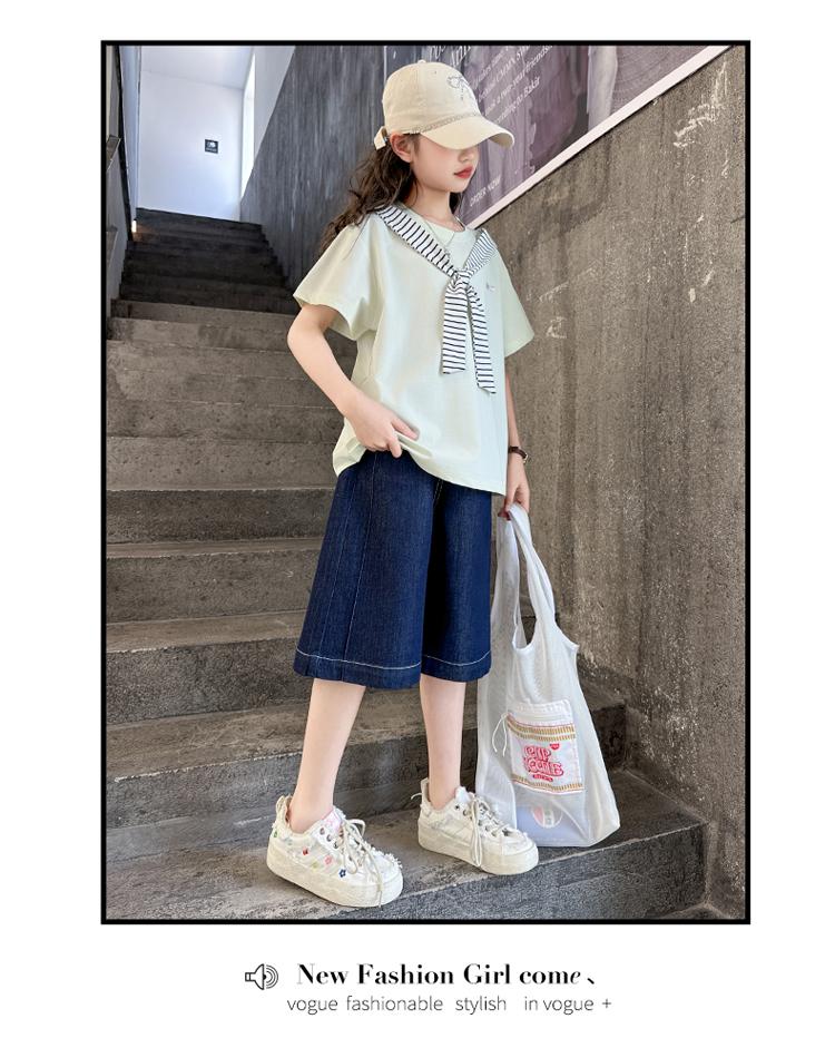 Girls' College Style Set 2026 Summer New Striped Tie T-shirt Clear Color Jeans Middle and Large Children's Two Piece Set