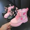 Girls Boots Kids Fashion Rubber Boots Cool Girl Spring Autumn Winter Cotton Soft Sole Pink Love Side Princess Round Toe PU