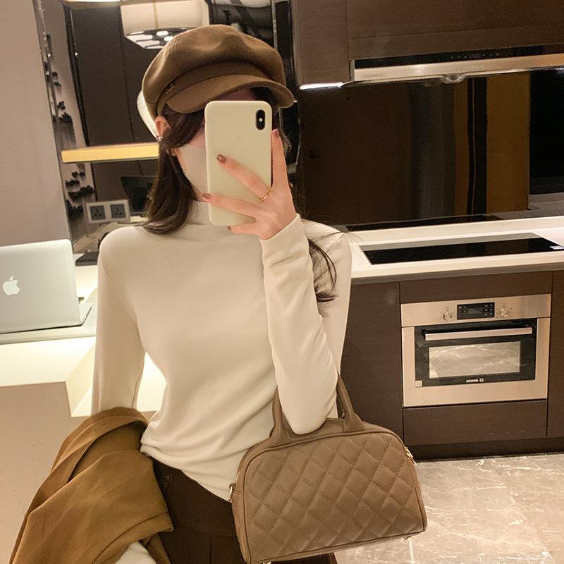 Однотонная рубашка с воротником-полуворотом для женщин на осень и зиму, новая облегающая футболка с короткими внутренними длинными рукавами, универсальный топ