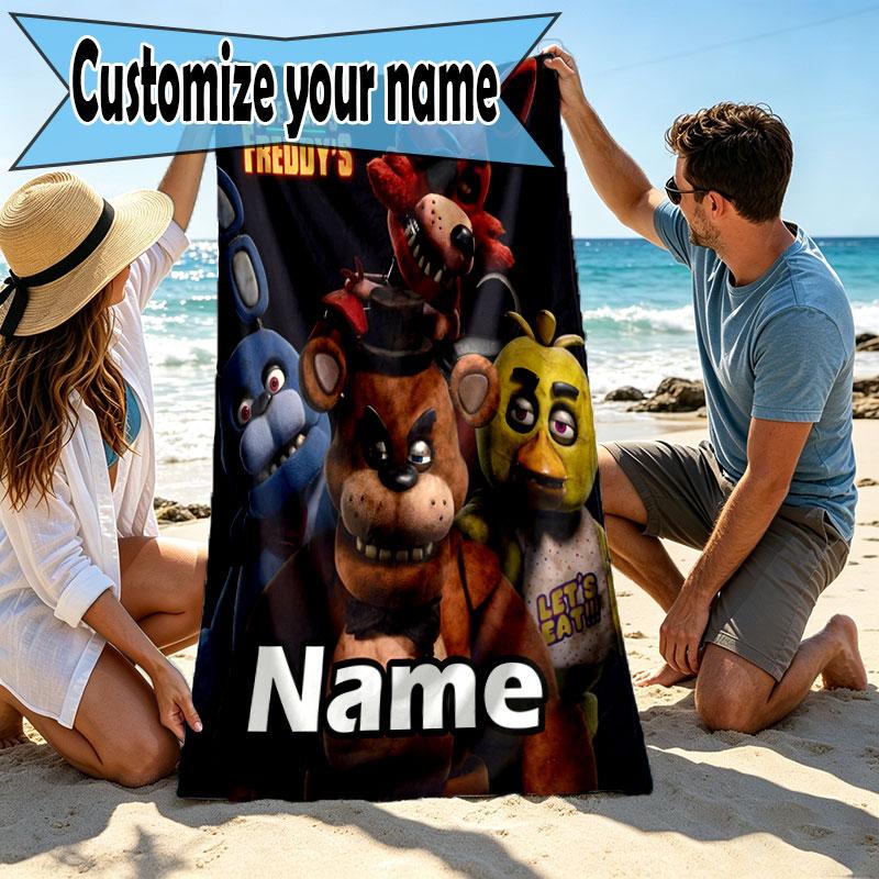 Custom Name Personalized Five Nights at Freddy's Print Beach Towel, for Trip Camping Beach Party Home Decor, Birthday Gift for Family & Friends