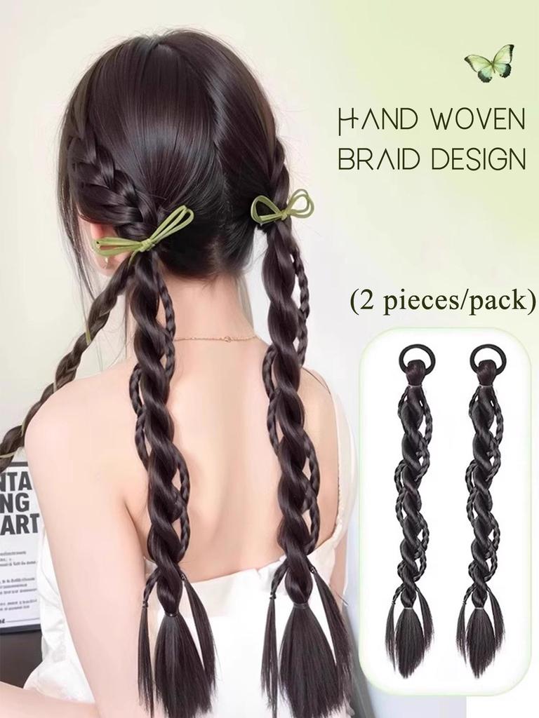 2pcs Fashion Braid Head Rope Wig Playful Girls Handmade Fishbone Twist Braids High Ponytail Hair Accessories for Woman Daily Use