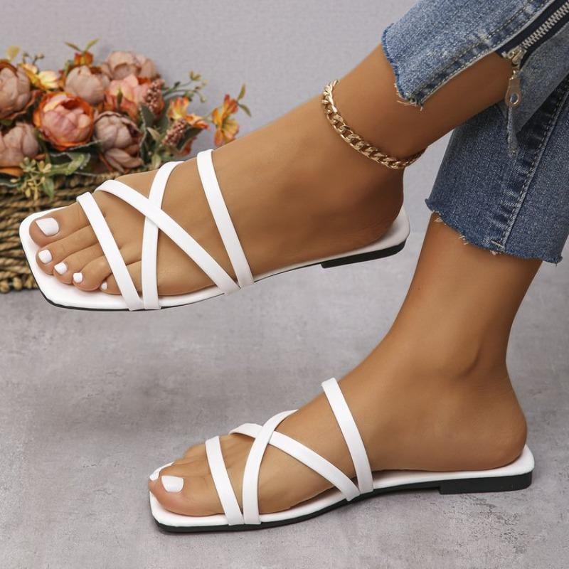 Женские шлепанцы на плоской подошве с одной лямкой большого размера, однотонные, с квадратным носком, повседневные, летние