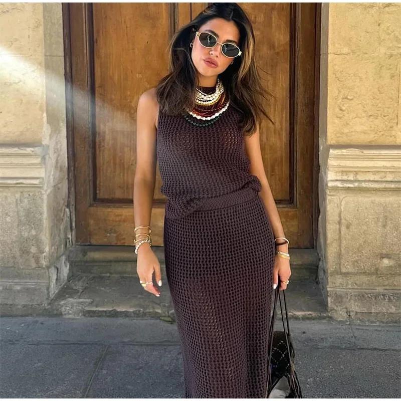 Knit Hollow Out Vest Skirts Set Women Sleeveless O-neck Blouses High Waist Slim Skirt Suits Female Fashion Lady Suit