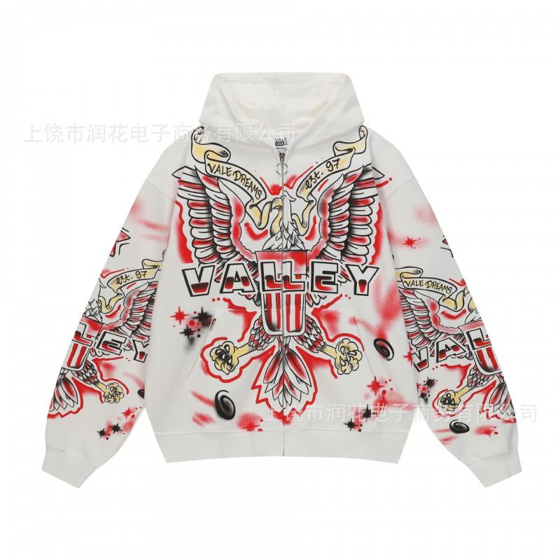 American Vintage 3D Print Hooded Zip Up Sweatshirt Loose Fit Streetwear Couple Top