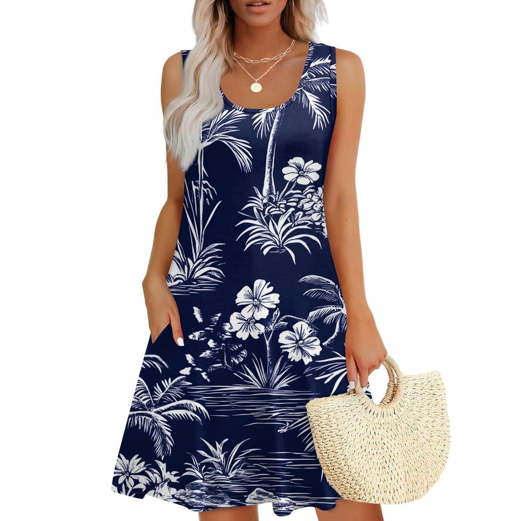Women's Casual Fashion U-neck Sleeveless Print Dress