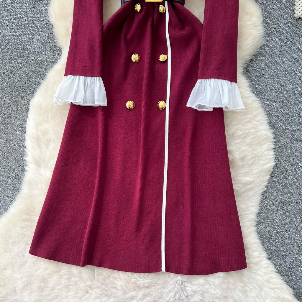 Autumn Winter Women Elegant Turn-down Collar Double Breasted Knitted Sweater Office Work Long Midi Dresses with Belt