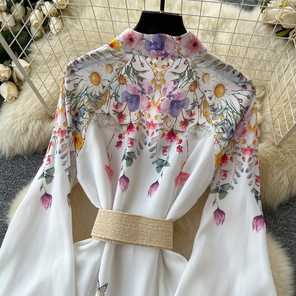 Spring Summer Women Retro Print Single Breasted Long Maxi Big Swing Vacation Beach Dresses with Belt