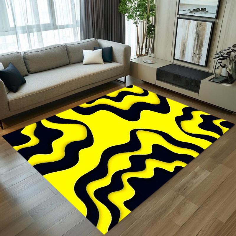 Black Yellow Wave Pattern Visual Illusion Carpet Rug Mat Home Decoration Modern Geometric Curved Design Abstract Floor Mat