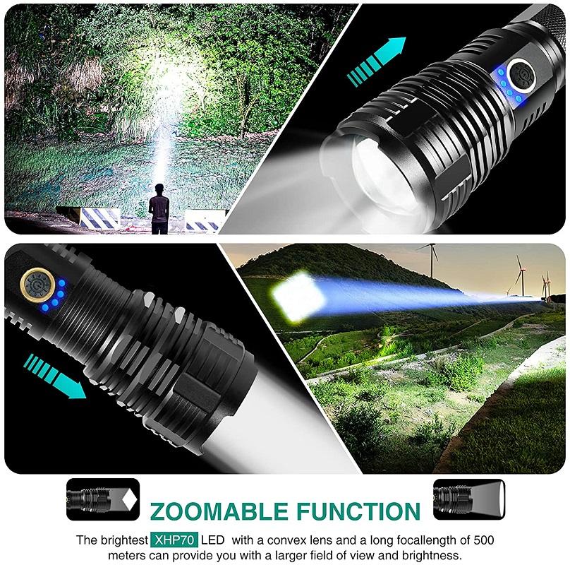 New XHP70 LED Flashlight XHP50 LED Flashlights USB Rechargeable Flashlight Zoomable Torch Waterproof Torch Camping Flashlight