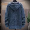Winter Men Jacket Thickened Fleece Hooded Drawstring Zip-up Long Sleeves Sweater Coat Pockets Elastic Cuff Retro Knitted Daily Wear Outerwear Jacket