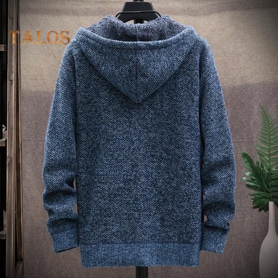 Winter Men Jacket Thickened Fleece Hooded Drawstring Zip-up Long Sleeves Sweater Coat Pockets Elastic Cuff Retro Knitted Daily Wear Outerwear Jacket