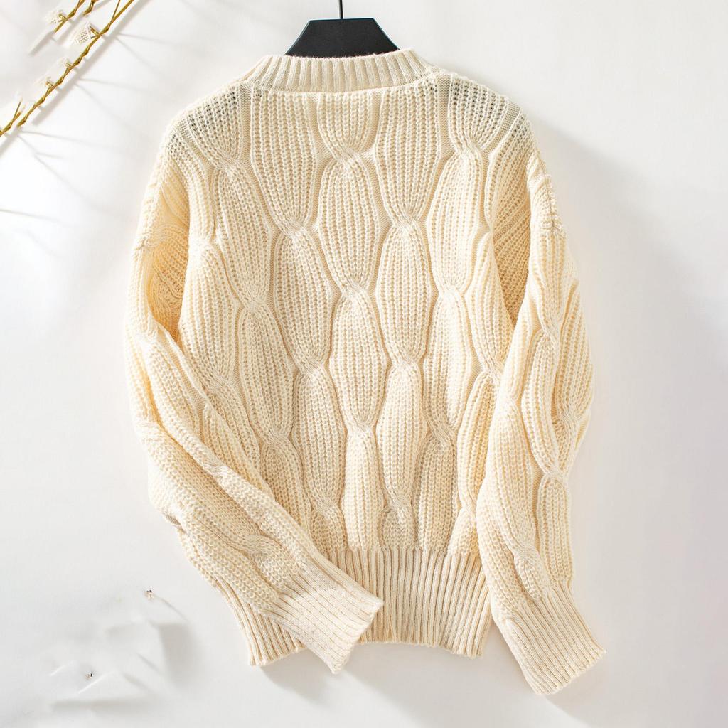 Осень-зима Винтажный свободный топ с длинными рукавами однотонный кардиган трикотажный свитер с круглым вырезом