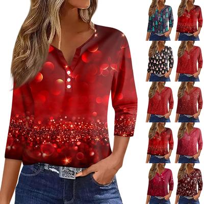 Женская футболка с рождественским принтом, на пуговицах, рукав 3/4, повседневная мода на выходные, базовый топ с V-образным вырезом