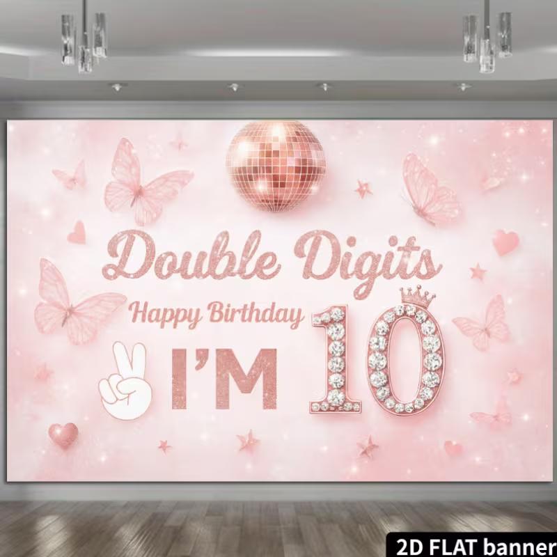 2D Flat Print Rose Gold 10th Birthday Banner with Diamond Number 10 & Crown