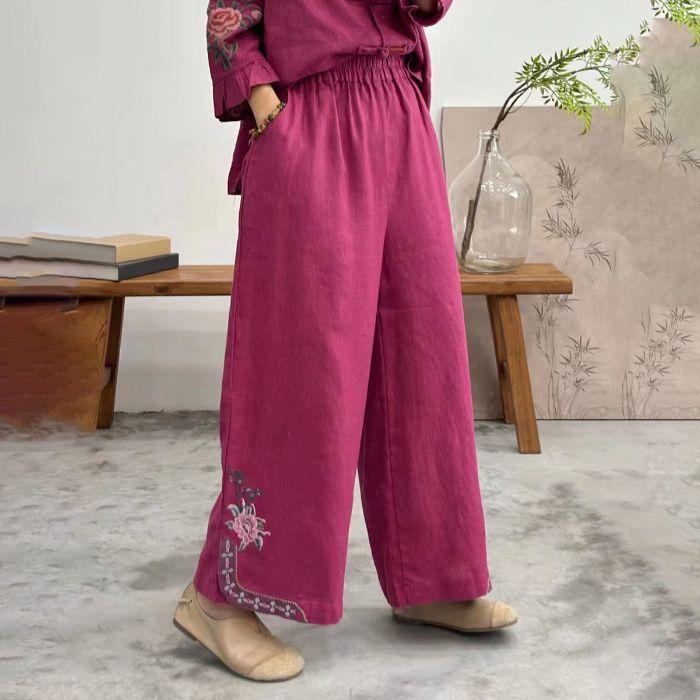 Укороченные брюки летнего нового стиля с вышивкой, широкие прямые брюки в литературном ретро-этническом стиле, свободные универсальные узкие повседневные брюки