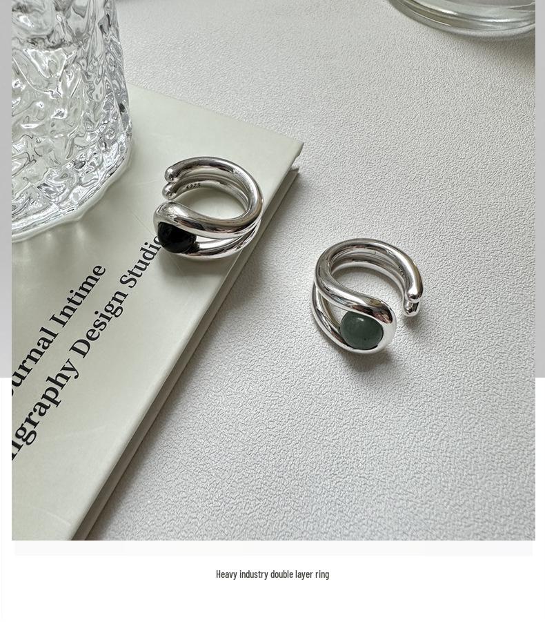 Кольцо-заявление из серебра S925 с корейским авантюрином и черным агатом