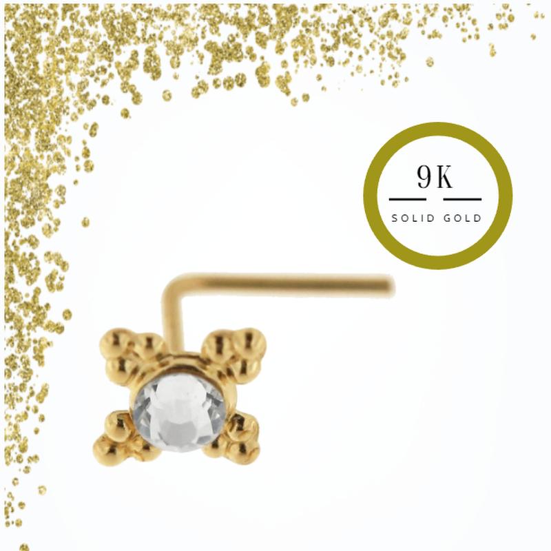 KODY PIERCING Носовая шпилька L-образной формы из 9-каратного золота с драгоценными камнями и этническими точками - качественный пирсинг