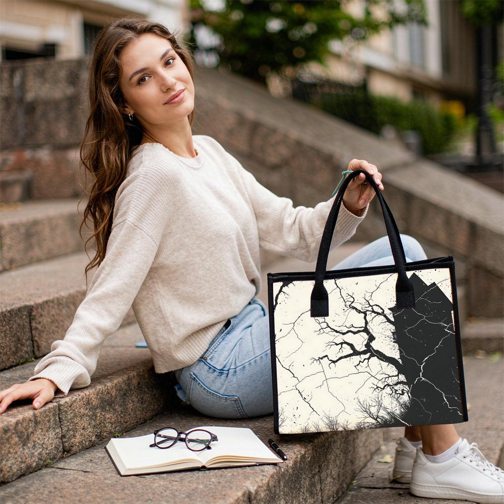 Gothic Tree House Print Canvas Tote Bag Casual Daily Shoulder Handbag for Shopping Travel