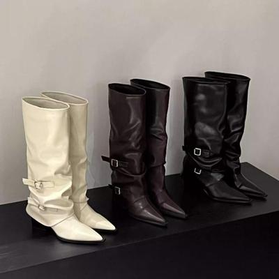 Модные винтажные женские длинные сапоги на толстом каблуке, обувь 2025 весна-осень, элегантные женские рыцарские боты с ремешком и пряжкой