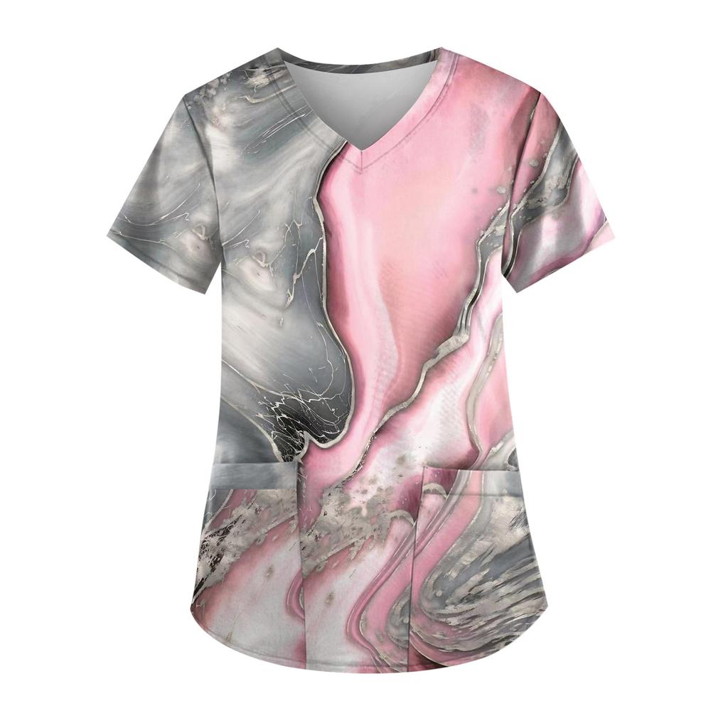 Рабочая форма больших размеров с принтом, топы для женщин, футболки с v-образным вырезом и короткими рукавами, рабочая одежда, футболка с карманами