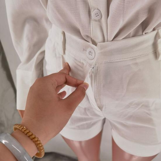 2 Pcs/Set Women Shirt Shorts Set Solid Color Long Sleeves Turn-down Collar Chest Pocket Blouse High Waist Loose Above Knee Length Pants Set