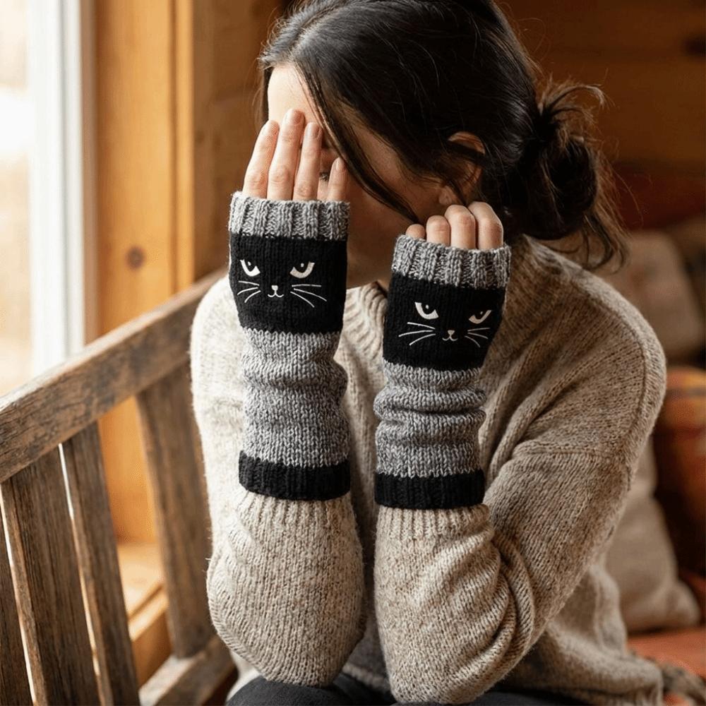 Soft Knitted Fingerless Gloves Thick Cat Embroidery Gloves Vintage Half Finger Gloves Daily