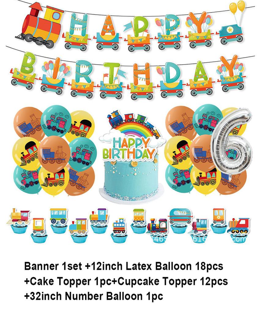 Cartoon Train Theme Birthday Party Decoration Number Balloons Cake Topper Transportation Vehicles Backdrop Banner Party Supplies