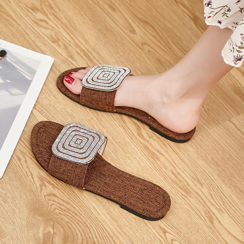 Большие модные тапочки с круглым носком и бриллиантами для женщин, летние, крутые, пляжные тапочки для улицы