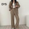 Женский комплект из 2 шт./компл., пальто, брюки, деловой стиль, однобортный кардиган с длинным рукавом и воротником-стойкой, высокая талия, широкие штаны, однотонный цвет