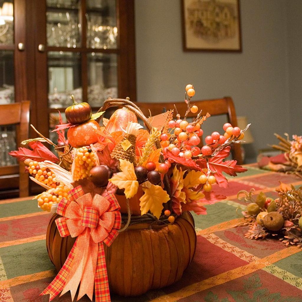 Large Fall Thanksgiving Wreath Gift Bow Orange Buffalo Plaid Check Wreath Swag Bow Wreath Pre-Tied Bow for Fall Thanksgiving Christmas Home Indoor