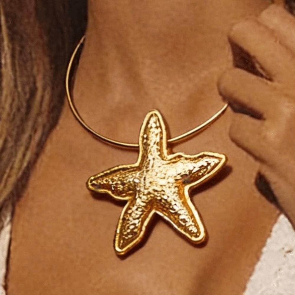Charm Starfish Pendant Metal Choker Silver Gold Jewelry Simple Geometric Circular Collar Women