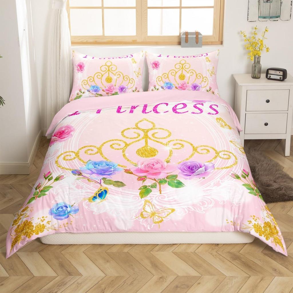 Fairy Tale Castle Bedding Set Twin QueenGirly Golden Castle Silhouette Duvet CoverBlooming Flowers Botanical Comforter Cover