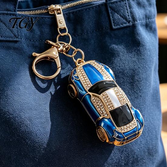 Enamel Key Chain Sports Car Keychain with Sparkling Rhinestones, Durable Zinc Alloy Accessory Stylish Pendant, Decorative Compact Ring for Backpacks