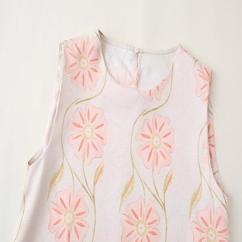 Fashion Style 2024 Summer New Arrival Women's Clothing Slim Looking Linen Pink Flower Loose All-Matching Sleeveless Dress