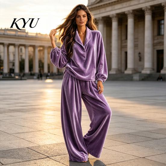 Уютные комплекты из двух предметов для женщин, велюровый комплект с топом и брюками на осень-зиму, повседневный, с воротником лацканами и широкими брюками с карманами, свободный домашний зимний наряд