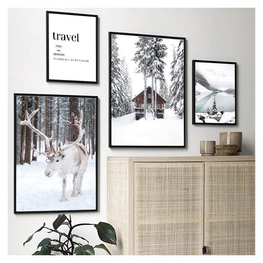 Лесной Олень Кедр Зима Снег Лес Настенное Искусство Холст Живопись Скандинавские Постеры и Настенные Картины Гостиная Дом Декор