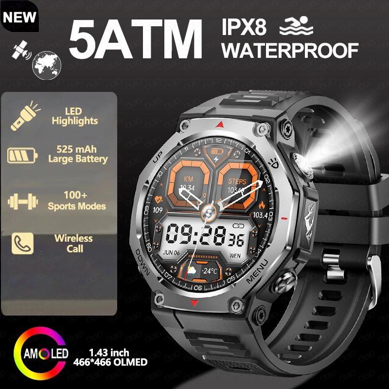 2026 Новый Фонарик-УФ Свет Умные Часы 5ATM Водонепроницаемые 1,43 Дюйма AMOLED Пульс 100 Спортивных Режимов Bluetooth Звонок Умные Часы