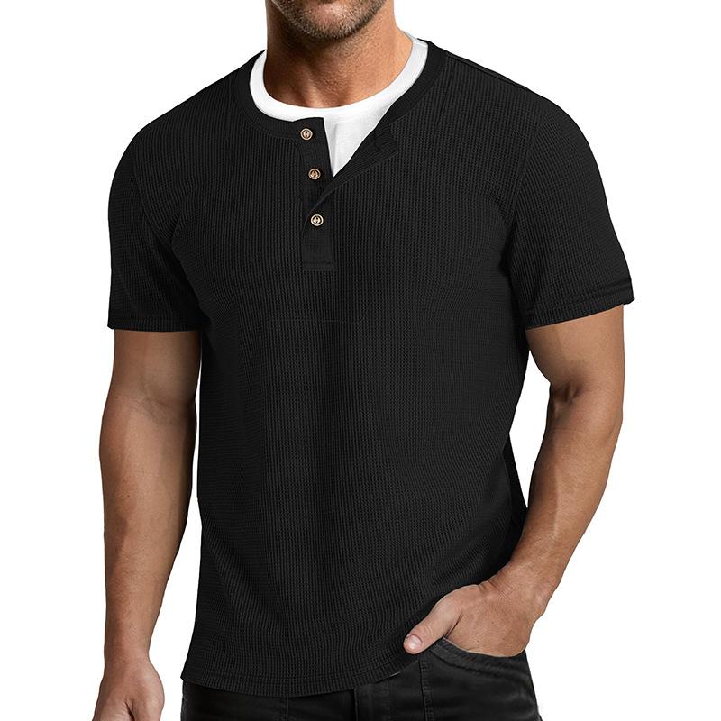 Men Waffle Knit Henley Collar Short Sleeve Solid Color Casual Button Placket T Shirt