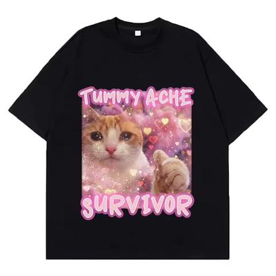 Tummy Ache Survivor Funny Cat Meme Graphic T Shirts Men Women Aesthetic Trend T Shirt Summer Loose Cotton Casual T Shirts Tops