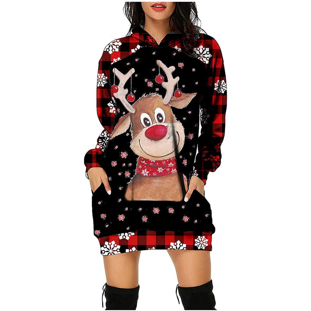 Fashion Womens Loose Christmas Plaid Snowflake Print Long Sleeve With Hooded Dress