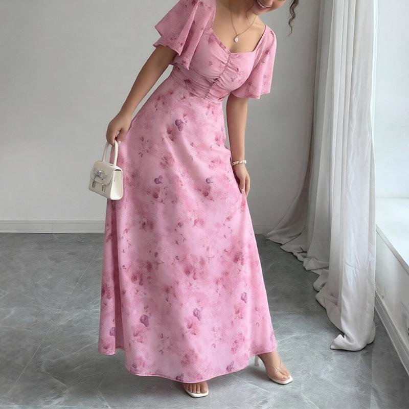 1116 summer new women's clothing, elegant temperament slim floral lotus leaf sleeve dress