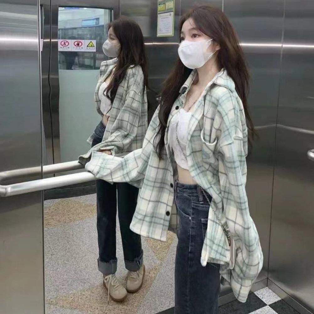 Spring Autumn plaid shirt women's American niche street style top loose lazy Korean version fashionable casual shirt
