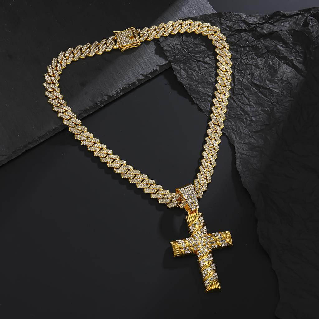 Large Cross Full Zircon Pendant Necklace Men European American Hip Hop Street Trend Personalized Cuban Chain Neck Jewelry Gift