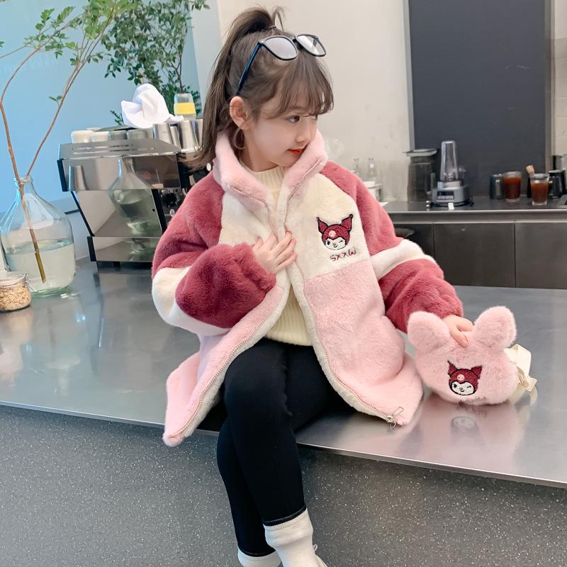 2025 Girls' Mid-Length Cartoon Fuzzy Coat: Rabbit Fur & Velvet Thickened Mink for Autumn/Winter