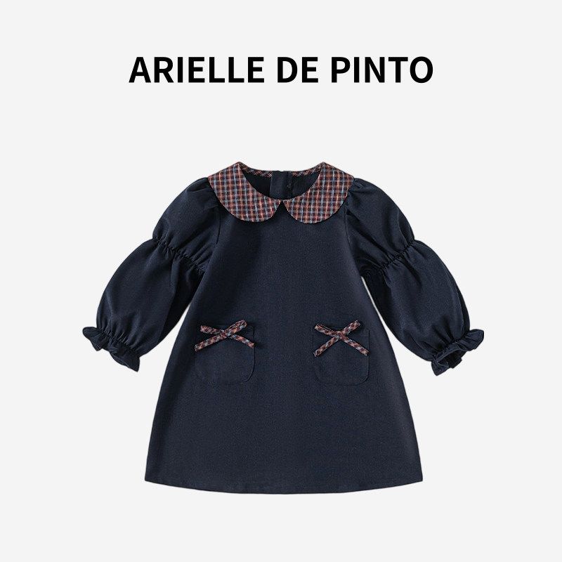 Французская детская юбка Arielle De Pinto Весна-Осень Однотонная с бантом и пышными рукавами Клетчатое платье