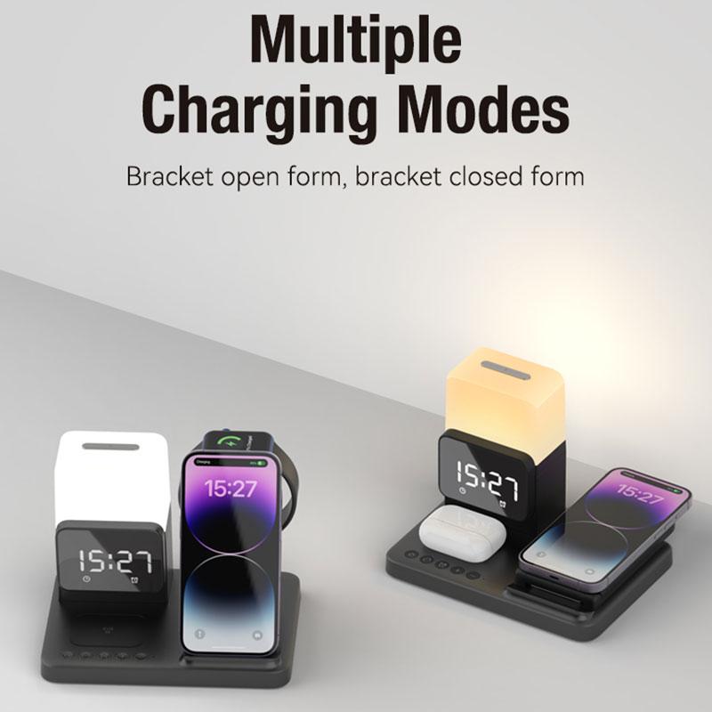 Складная подставка для беспроводного зарядного устройства 6 в 1, лампа-будильник, док-станция для быстрой зарядки для iPhone 14, 13, 12 X Pro Max Airpods Pro iWatch
