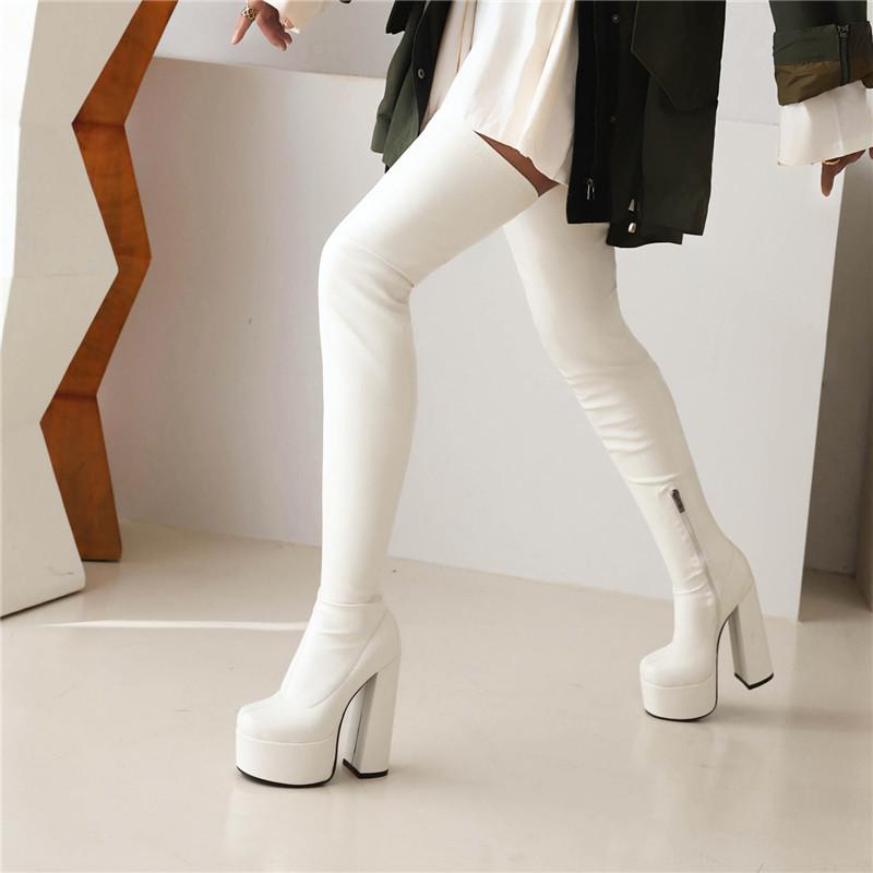 Женские сапоги на высоком каблуке, сексуальные, в европейском и американском стиле, водонепроницаемые, на толстом каблуке, однотонные, большого размера, до колена
