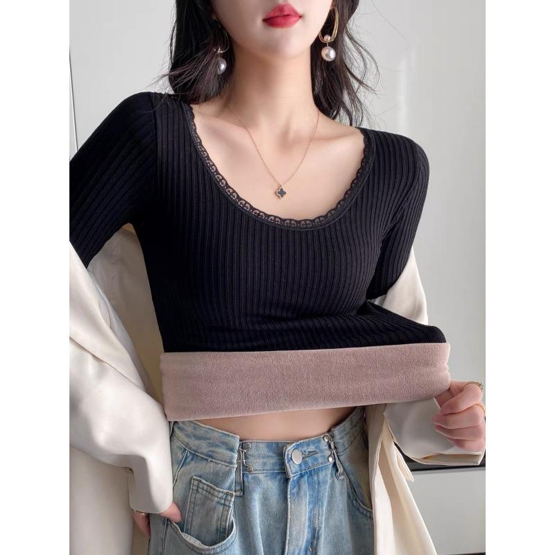 Lamb Wool Warm Top Women's Winter New Style Plus Fleece Thickened Inside with Autumn Clothing Elastic Slim-fit Undershirt Underwear Tide
