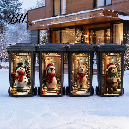 Decorative Iron Cabinet Stickers for Holidays Christmas Trash Can Stickers, 3D Illusion Cute Animal Peel & Stick Reusable Outdoor Festive Atmosphere